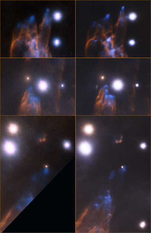 Λεπτομερείς όψεις της περιοχής των "Σφαιρών του Ωρίωνα". Σε κάθε ζευγάρι εικόνων αριστερά είναι η εικόνα από το Altair το 2007 και δεξιά η νέα εικόνα από το GeMS το 2012 (Πηγή: Gemini Obseratory/AURA)